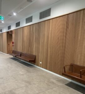 Luminance contrast is provided to vertical and horizontal surfaces junctions such as skirting trims and skirting tiles and seating - Interior Design completed by COX Architecture